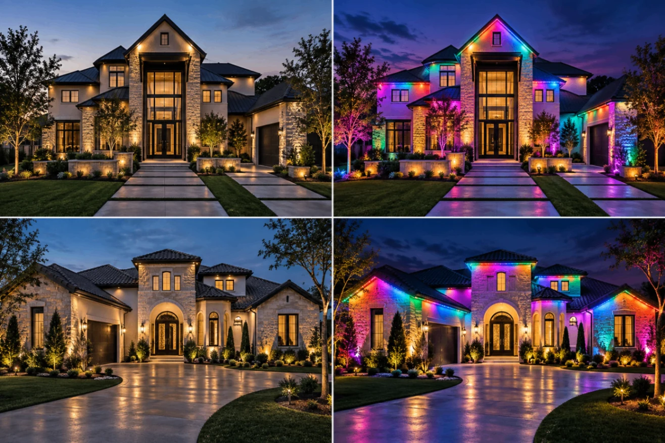 Central Texas homes shown with warm white and custom color lighting design options