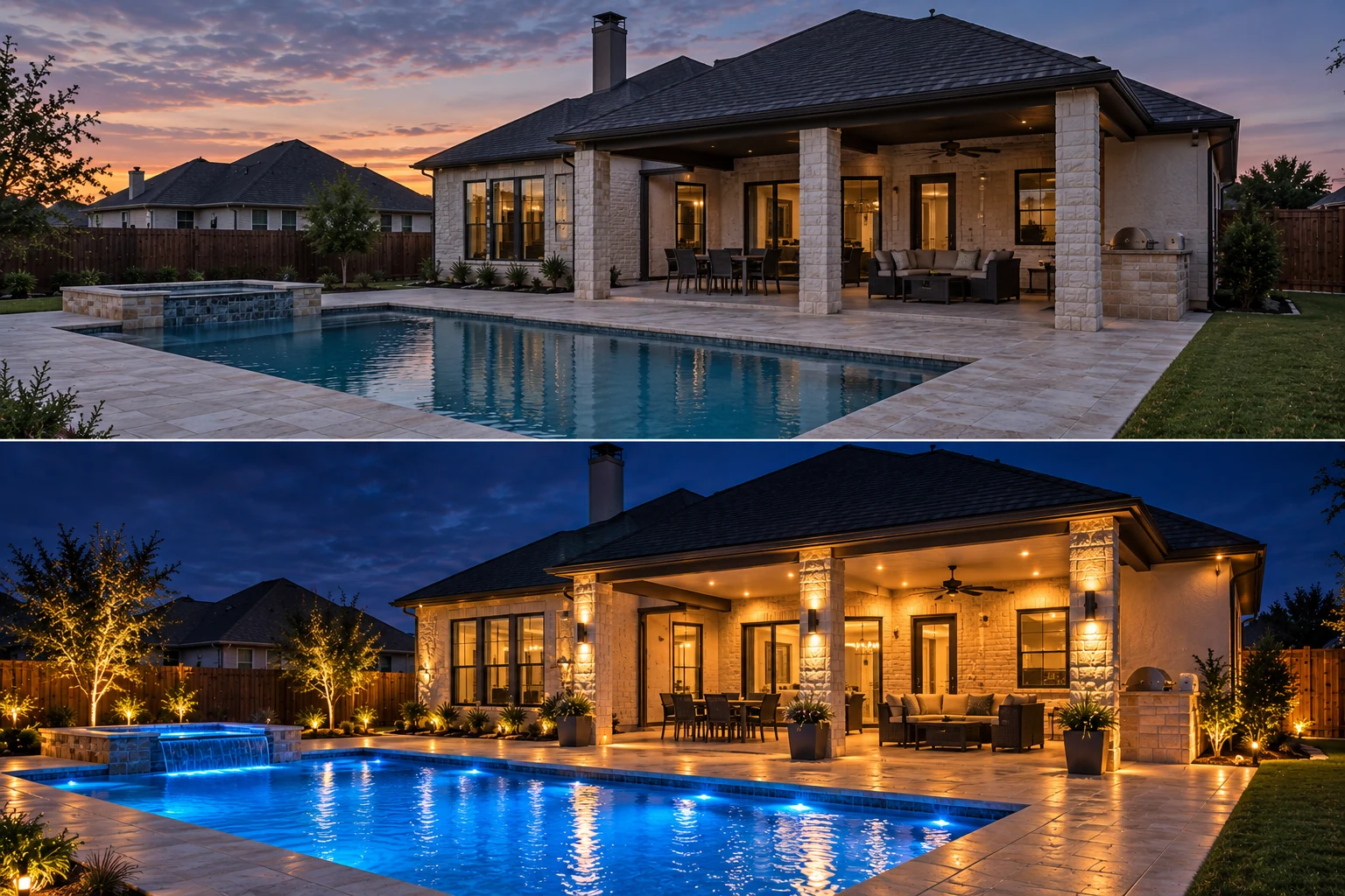 Holiday lighting installation around the pool and patio of a Central Texas home by SolarShield Property Care