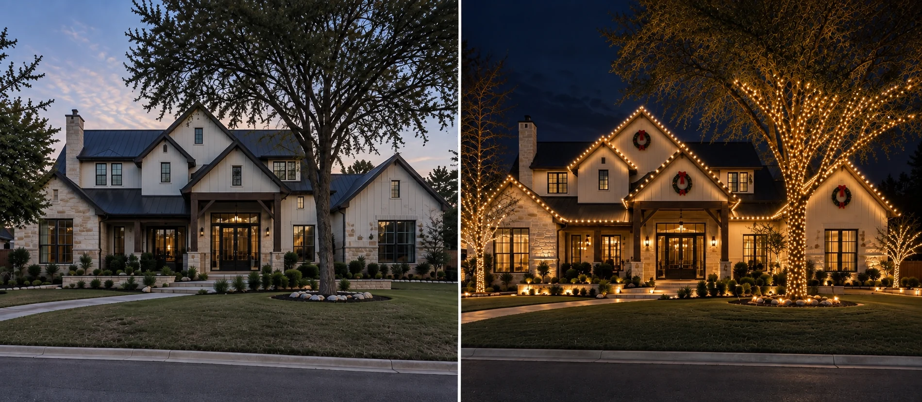 Central Texas home with professionally installed warm white Christmas roofline lighting, wreaths and wrapped trees
