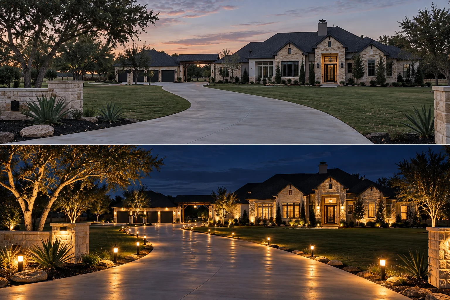 Christmas light installation on the roofline and driveway of a Central Texas home by SolarShield Property Care