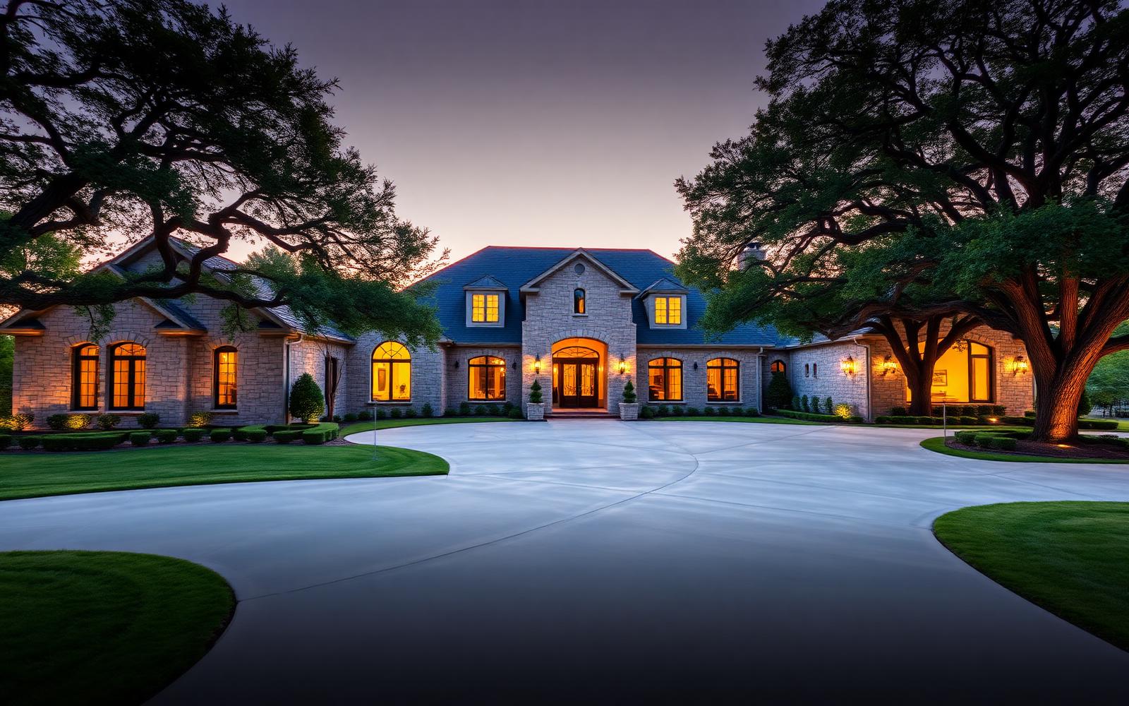 Central Texas estate at golden hour with warm interior lights