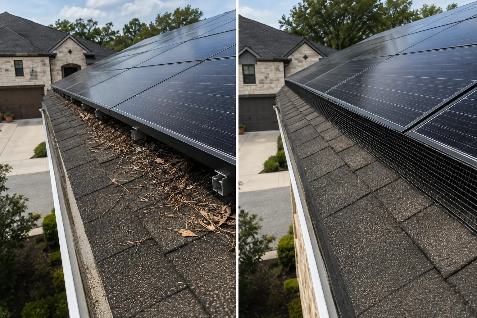 Bird-exclusion netting installed around a rooftop solar array by SolarShield Property Care