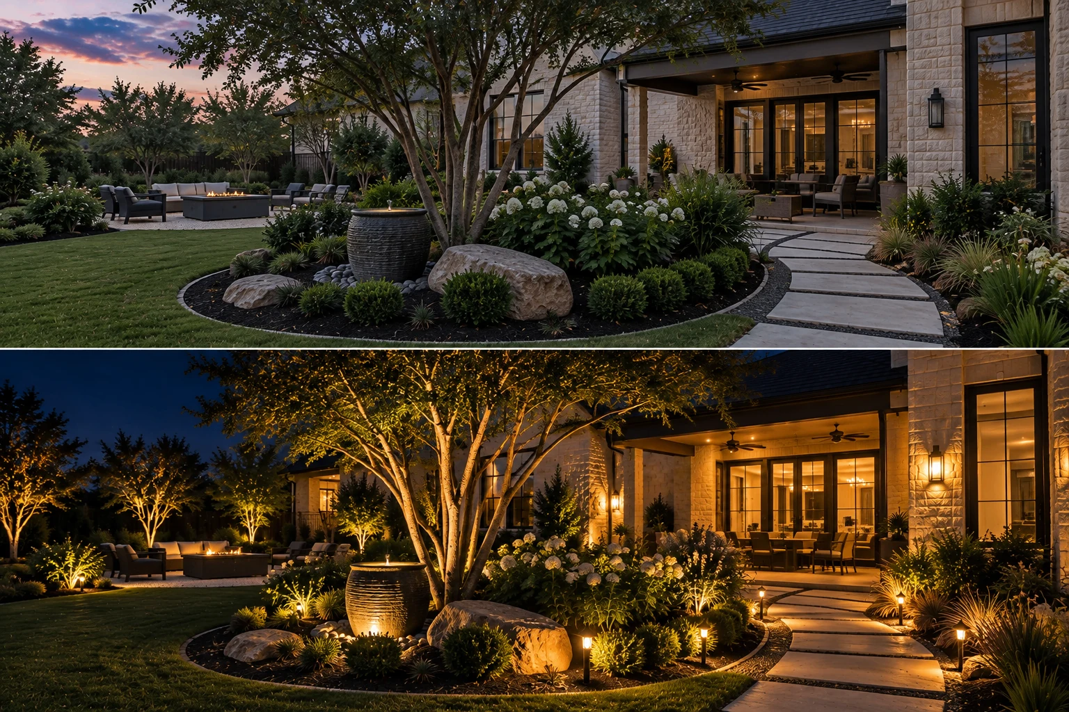 Holiday landscape and fire pit lighting installed at a Central Texas home by SolarShield Property Care